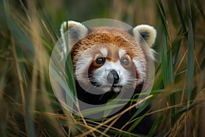 Curious Red Panda Peeping Out of Bamboo Leaves in Forest