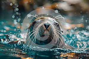 Curious Seal Emerges from Water with Whiskers Glistening, Wildlife Encounter in Sunlit Ocean