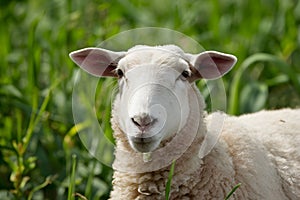 Curious sheep gazes at camera amidst lush green field backdrop