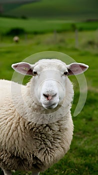 Curious sheep gazes at camera amidst lush green field backdrop photo