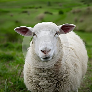 Curious sheep gazes at camera amidst lush green field backdrop photo