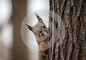 Curious Squirrel Peeking from Behind a Tree Trunk in Soft Light