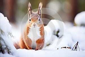 Curious Squirrel in Snow-Covered Forest Seeking Food and Shelter.