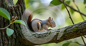curious squirrel in the tree trunk with blurred background