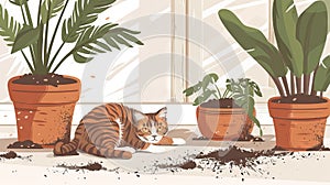 Curious tabby cat amidst scattered potting soil from a plant pot on the white rug. A funny kitten creating a mess