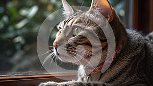 Curious Tabby Cat Gazing Out Window with Garden View photo
