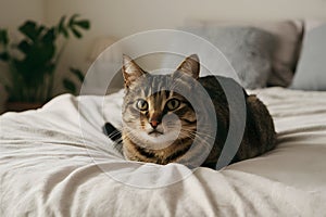 A curious tabby cat with green eyes rests on a white bed, its gaze captivating