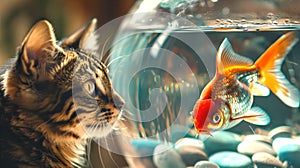 Curious Tabby Cat Observes a Bright Goldfish in a Bowl. Domestic Feline and Aquatic Pet Interaction. A Moment of