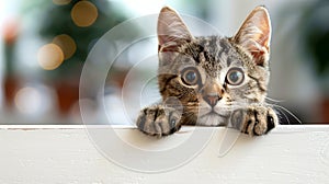 Curious tabby kitten peeking over white wooden background with copy space, cute cat with paws up.
