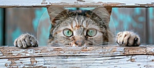 Curious tabby kitten peeking over white wooden background with copy space, perfect for text.