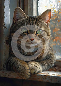 Curious Tabby on a Sunlit Windowsill photo