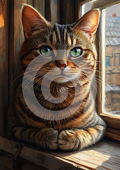 Curious Tabby on a Sunlit Windowsill photo