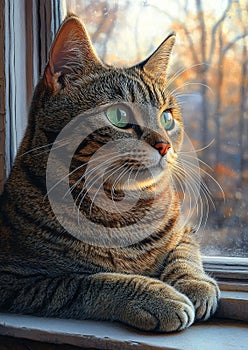 Curious Tabby on a Sunlit Windowsill photo