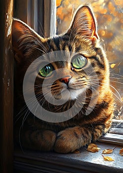 Curious Tabby on a Sunlit Windowsill photo