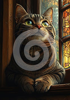 Curious Tabby on a Sunlit Windowsill photo