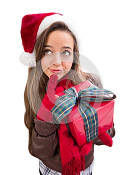 Curious Teen Girl Wearing A Christmas Santa Hat with Bow Wrapped Gif