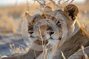 Curious Teenage Lions In The Desert, Captivated By The Cameras Gaze