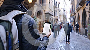 a curious tourist stands clutching a smartphone with a blank, white screen in a foreign city