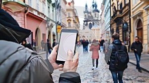 a curious tourist stands clutching a smartphone with a blank, white screen in a foreign city