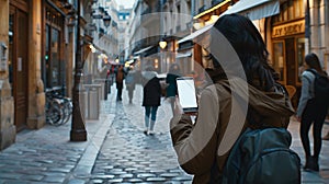 a curious tourist stands clutching a smartphone with a blank, white screen in a foreign city