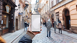 a curious tourist stands clutching a smartphone with a blank, white screen in a foreign city