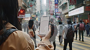 a curious tourist stands clutching a smartphone with a blank, white screen in a foreign city