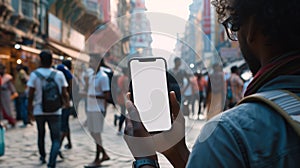 a curious tourist stands clutching a smartphone with a blank, white screen in a foreign city