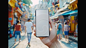 a curious tourist stands clutching a smartphone with a blank, white screen in a foreign city