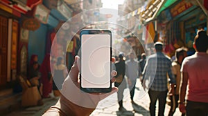 a curious tourist stands clutching a smartphone with a blank, white screen in a foreign city