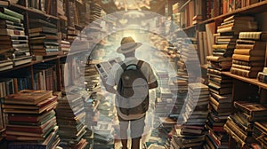 A curious traveler flipping through a guidebook surrounded by stacks of novels in different languages eager to explore photo