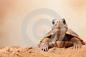 A curious turtle peeks out over a sandy mound, ideal for nature-themed projects, educational content, and pet care