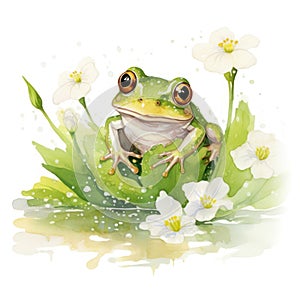 Curious Watercolor Baby Frog Amidst Pond Leaves AI Generated