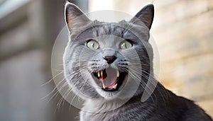 Curious Whiskers: The Gray Cat Looks Up, Mewing and Widening Its Eyes