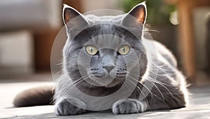 Curious Whiskers: The Gray Cat Looks Up, Mewing and Widening Its Eyes