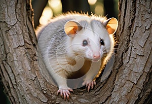Curious White and Gray Opossum on a Tree Trunk at Sunset in High Definition photo