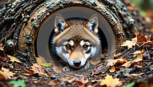 Curious Wolf Pup Peeking From A Hollow Log