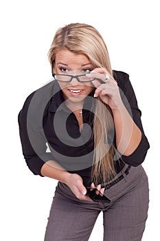 Curious woman bending forwards photo