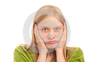 Curious woman deforming face like clown on whi