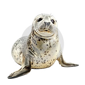 Curious young harbor seal sitting on white background