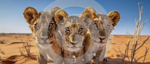 Curious Young Lions Stare Directly At The Camera In The Desert