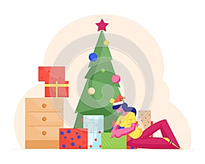 Curious Young Woman Wearing Santa Claus Hat Sitting under Decorated Christmas Tree with Many Gift Boxes