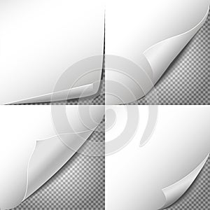 Curl paper corners vector set with checkered transparent background