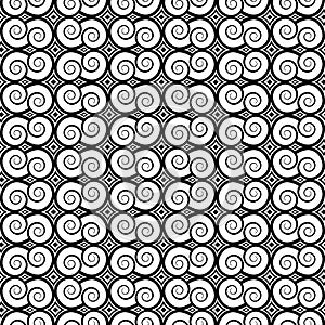 Curl spiral swirl abstract ornament seamless pattern, graphic black and white tracery, monochrome doodle drawing. For fabric