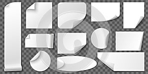 Curled corners paper stickers. Adhesive sticker, blank tag labels and label with realistic shadow vector set