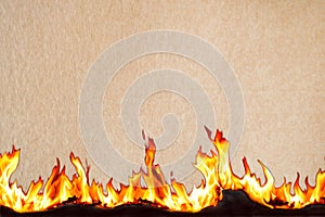 Curled edge of light abstract paper background and scorched and curled on black backdrop. Blazing flames. Fire. Concept for your