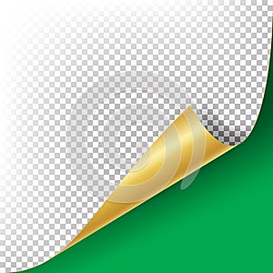 Curled Golden Metalic Corner Vector. Paper with Shadow Mock up Close up Isolated