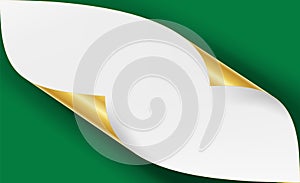 Curled Golden Metalic Corner Vector. White Paper with Shadow Mock up Close up Isolated on Green Background