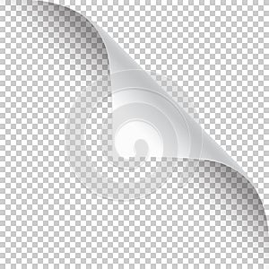 Curled page corner with shadow on transparent background. Blank sheet of paper. Vector illustration.