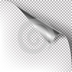 Curled Silver Metalic Corner Vector. Paper with Shadow Mock up Close up Isolated on Transparent Background