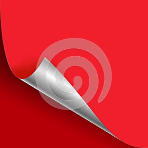 Curled Silver Metalic Corner Vector. Red Paper with Shadow Mock up Close up On Red Backdound